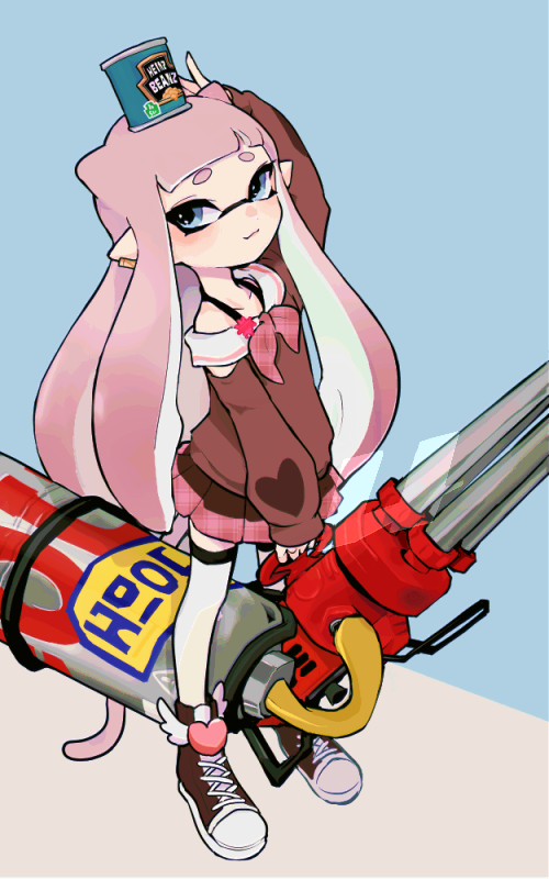 1girl :3 arm_up beans blue_background blue_eyes brown_cardigan brown_shoes brown_skirt can cardigan closed_mouth collarbone commentary cone_hair_bun earclip full_body hair_bun heinz holding holding_weapon hydra_splatling_(splatoon) imaikuy0 inkling inkling_girl inkling_player_character long_hair long_sleeves neckerchief nintendo object_on_head off_shoulder pink_hair pink_neckerchief pink_skirt plaid_clothes plaid_neckerchief plaid_skirt pleated_skirt pointy_ears sailor_collar shoes skirt smile sneakers solo splatoon_(series) standing symbol-only_commentary tentacle_hair thighhighs two-tone_background two-tone_skirt weapon white_background white_sailor_collar white_thighhighs winged_shoes wings