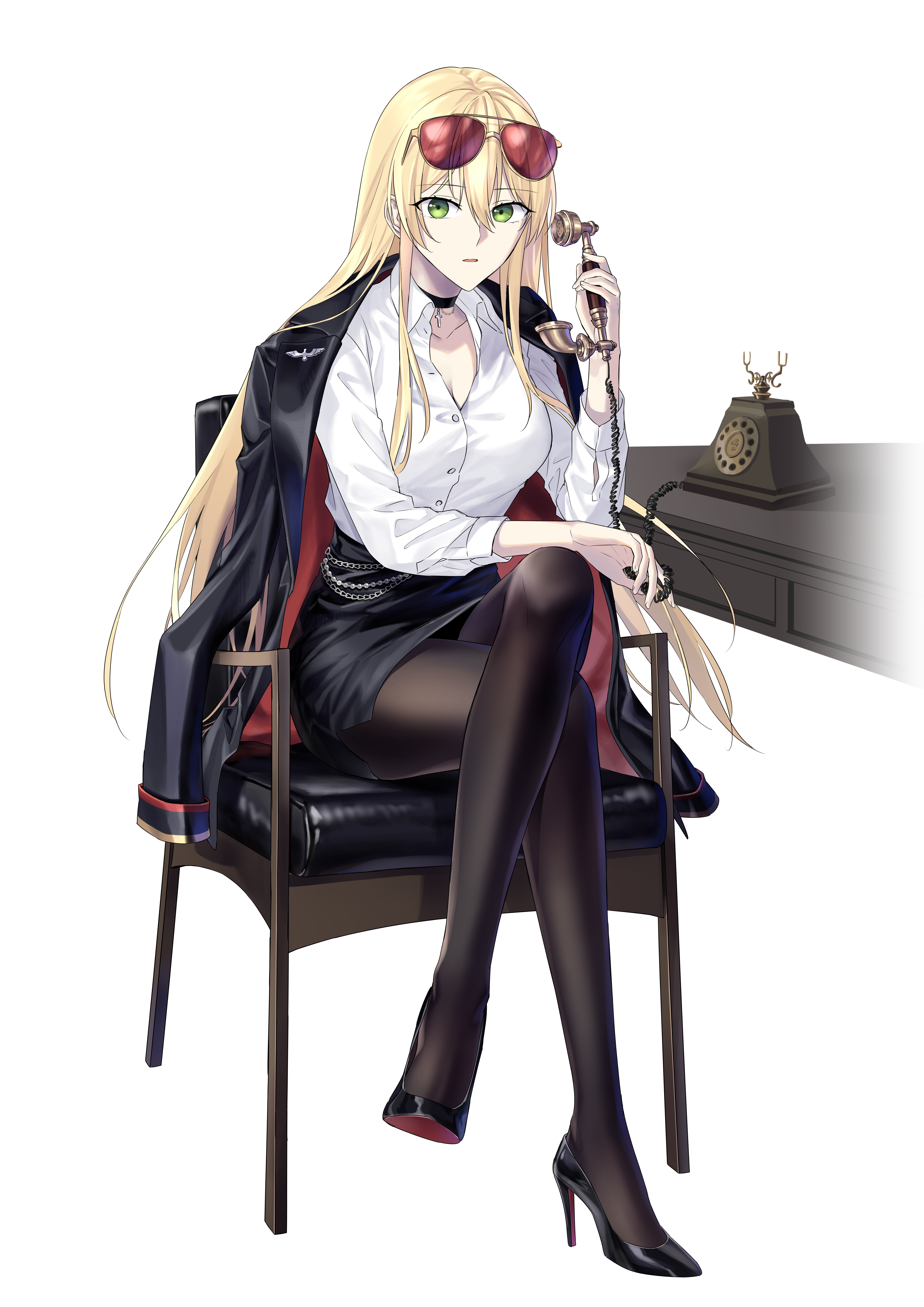 1girl absurdres antique_phone aviator_sunglasses black_jacket black_pantyhose black_skirt blonde_hair breasts choker cleavage cross eyewear_on_head fingernails girls'_frontline green_eyes hair_between_eyes hand_up high_heels highres holding holding_phone jacket jacket_on_shoulders large_breasts long_hair looking_at_viewer on_chair pantyhose parted_lips partially_unbuttoned pencil_skirt phone red-tinted_eyewear shirt shirt_tucked_in sitting skirt solo stg44_(detective's_sidekick)_(girls'_frontline) stg44_(girls'_frontline) sunglasses suprii tinted_eyewear white_background white_shirt