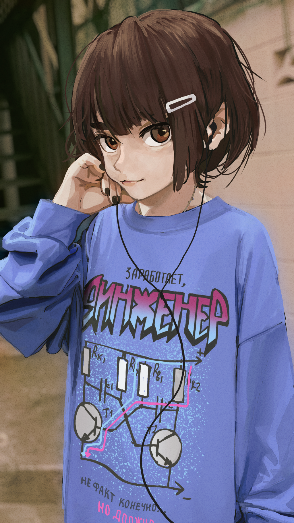 1girl adjusting_hair arm_at_side black_nails blue_sweater blurry blurry_background bob_cut breasts brown_eyes brown_hair cable casual circuit closed_mouth clothes_writing commentary curled_fingers day depth_of_field diagram earbuds earphones hair_between_eyes hair_ornament hairclip hand_up highres looking_at_viewer looking_to_the_side loose_hair_strand messy_hair nail_polish original outdoors photo_background playing_with_own_hair print_sweater russian_commentary russian_text servachok short_hair small_breasts solo stairs standing sweater tanya_(servachok) thick_eyebrows translated upper_body