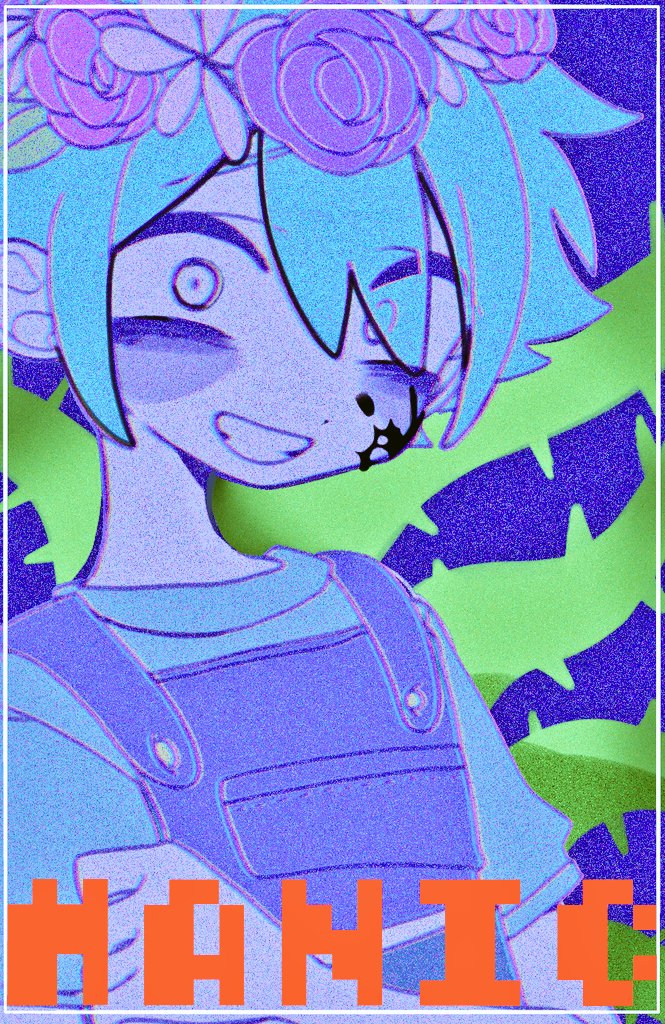 1boy basil_(headspace)_(omori) basil_(omori) blood blood_on_cheek blood_on_face blue_background blue_hair blue_shirt buttons colored_skin commentary english_text eyes_visible_through_hair film_grain flower flower_wreath grin hair_between_eyes hand_up head_wreath kobanzame_omo male_focus official_alternate_eye_color omori overalls plant purple_flower purple_rose rose shirt short_hair short_sleeves simple_background smile solo symbol-only_commentary upper_body vines white_eyes white_skin