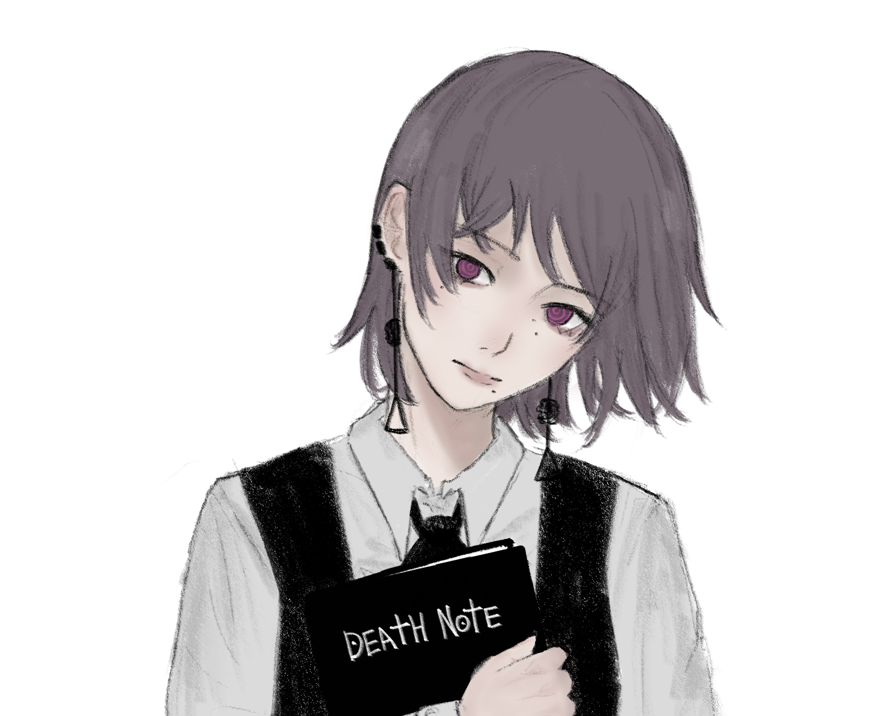 1girl black_dress book chainsaw_man closed_mouth collared_shirt death_note death_note_(object) dress earrings fami_(chainsaw_man) fourth_east_high_school_uniform grey_hair highres holding holding_book jewelry long_sleeves looking_at_viewer mole mole_under_eye mole_under_mouth multiple_moles pinafore_dress purple_eyes ringed_eyes schonv school_uniform shirt sleeveless sleeveless_dress solo white_shirt