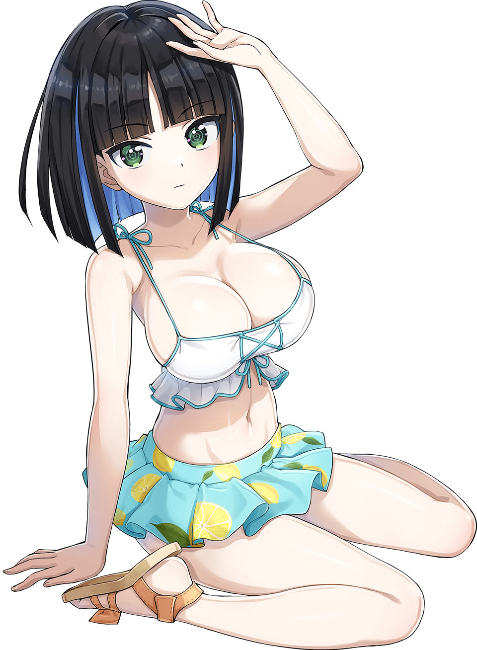 1girl bikini black_hair blue_hair breasts cleavage dolphin_wave eines_(dolphin_wave) fruit_print green_eyes highres lemon_print midriff multicolored_hair navel official_art ootomo_takuji pale_skin sandals skirtini solo swimsuit transparent_background