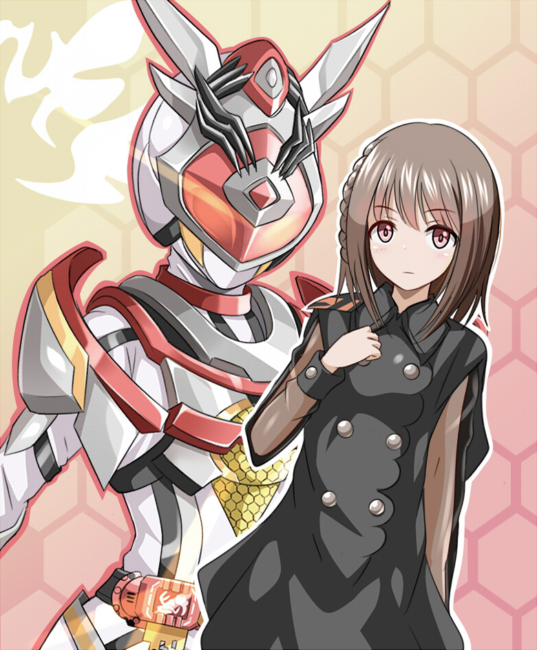2girls aguilera_(kamen_rider_revice) arm_up armor bee belt black_cape black_dress bodysuit brown_eyes brown_hair bug cape commentary_request cropped_legs dress dual_persona helmet holding holding_weapon honeycomb_(pattern) honeycomb_background insect kamen_rider kamen_rider_aguilera kamen_rider_revice kunai long_sleeves looking_at_viewer multiple_girls natsuki_hana_(kamen_rider_revice) nauchan4649 queen_bee_genome red_eyes rider_belt short_hair tokusatsu vistamp weapon weekendriver white_bodysuit