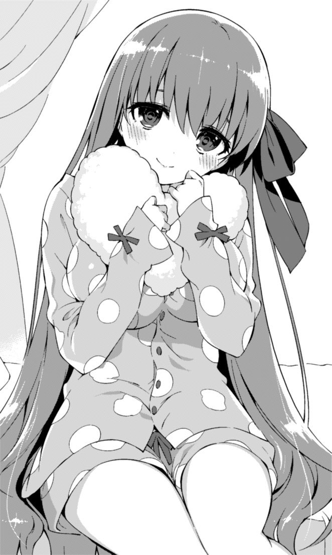 1girl alternate_costume bb_(fate) blush breasts closed_mouth cowboy_shot fate/extra fate_(series) hair_ribbon hanabana_tsubomi head_tilt heart heart-shaped_pillow large_breasts long_hair long_sleeves looking_at_viewer pajamas pillow polka_dot polka_dot_pajamas ribbon shorts simple_background sitting smile solo