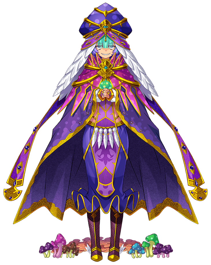 1girl black_(artist) boots cloak fate/grand_order fate_(series) full_body green_hair grin hat holding holding_mushroom locusta_(fate) locusta_(second_ascension)_(fate) long_sleeves looking_at_viewer multicolored_hair mushroom official_art outline purple_eyes purple_hair second-party_source sharp_teeth short_hair skirt smile solo standing teeth transparent_background turban white_outline