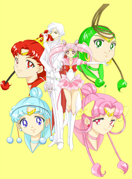 1990s_(style) 1boy 5girls aged_up aqua_eyes aqua_hair bad_id bad_pixiv_id bishoujo_senshi_sailor_moon bishoujo_senshi_sailor_moon_sailor_stars bishoujo_senshi_sailor_moon_stars bishoujo_senshi_sailor_moon_supers bishounen blue_sailor_collar bow brooch cape cat cerecere_(sailor_moon) chibi_usa cone_hair_bun diana_(sailor_moon) double_bun earrings elbow_gloves flower formal_clothes gloves green_eyes green_hair hair_bun helios_(sailor_moon) jewelry junjun_(sailor_moon) kuma-hacchi magical_boy mask multi-tied_hair multiple_girls pallapalla_(sailor_moon) pink_eyes pink_hair red_eyes red_hair retro_artstyle rose sailor_ceres sailor_chibi_moon sailor_collar sailor_juno sailor_pallas sailor_senshi sailor_vesta school_uniform serafuku short_hair simple_background single_hair_bun skirt star_brooch suit super_sailor_chibi_moon_(stars) tiara vesves_(sailor_moon) white_flower white_gloves white_hair white_rose yellow_background yellow_bow yellow_eyes