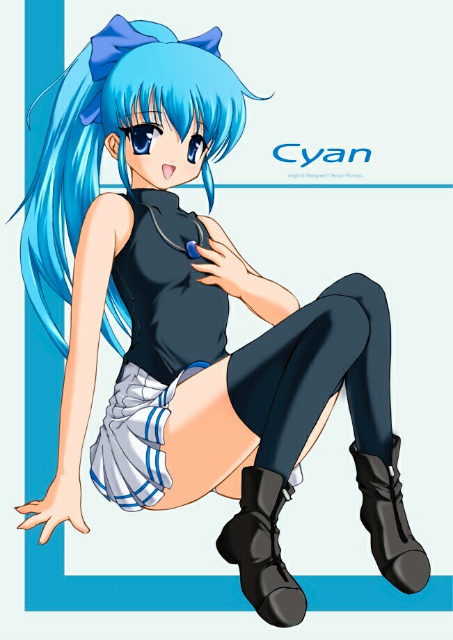 1girl 2000s_(style) archived_source arm_at_side ashita_yaru bare_arms bare_shoulders black_footwear black_shirt black_thighhighs blue_bow blue_eyes blue_hair borrowed_character bow character_name commentary_request double_horizontal_stripe full_body hair_between_eyes hair_bow hand_on_own_chest jewelry light_blue_hair long_hair miniskirt necklace original pleated_skirt ponytail shirt sidelocks sitting skirt sleeveless sleeveless_shirt solo thighhighs white_skirt