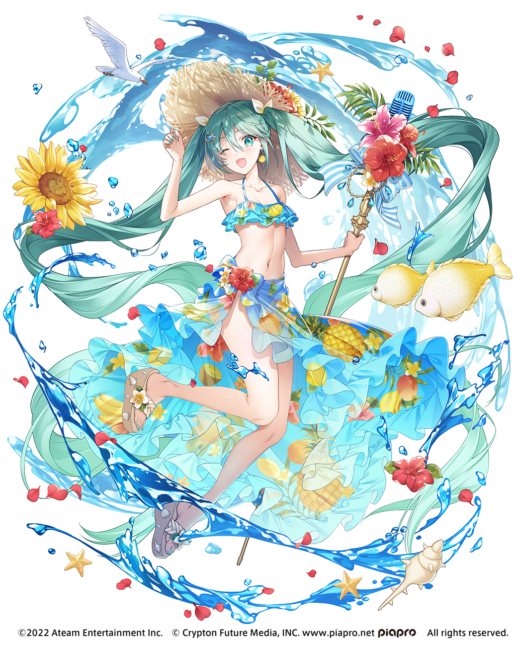 1girl 2022 ;d aqua_eyes banana bikini bird copyright_name earrings fish flower food food-themed_earrings food_print food_themed_earrings footwear_flower frilled_bikini_top fruit fruit_print full_body green_hair hair_ornament hat hatsune_miku hatsune_miku_-tap_wonder- hibiscus highres holding jewelry lemon lemon_earrings maro_(nikeneko523) microphone official_art one_eye_closed open_mouth petals pineapple pink_flower print_bikini red_flower sandals shell simple_background smile solo star_(symbol) star_hair_ornament straw_hat sunflower swimsuit toeless_legwear tongue water white_background yellow_flower