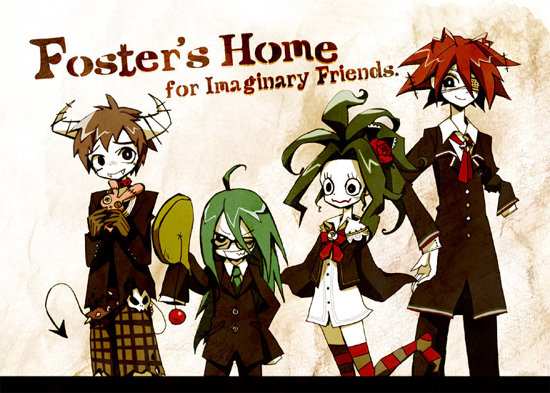 3boys ahoge amputee animification blooregard_q_kazoo blush brown_gloves brown_hair cartoon_network coco_(foster&#039;s) collar copyright_name demon_boy doll double_amputee dress eduardo eyepatch facing_viewer fangs formal_clothes foster&#039;s_home_for_imaginary_friends glasses gloves green_hair grin hair_ornament hand_on_own_hip horns humanization long_hair male_focus multiple_boys necktie no_shoes one_eye_closed personification red_hair rinne_(ringe) single_horn skull smile sunglasses thighhighs wilt wink