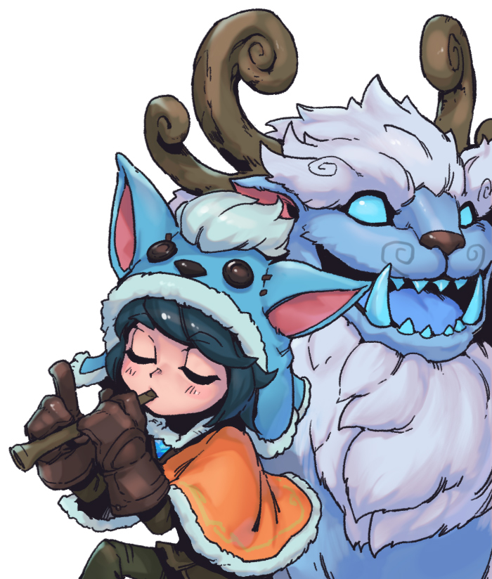 1boy antlers blue_headwear blue_sclera blue_skin blush brown_capelet brown_gloves brown_pants capelet closed_eyes colored_sclera colored_skin flute fur-trimmed_capelet fur-trimmed_headwear fur_trim gloves holding horns instrument league_of_legends long_hair music no_pupils nunu_(league_of_legends) open_mouth pants phantom_ix_row playing_instrument sharp_teeth short_hair teeth willump winter_clothes yeti_(creature)