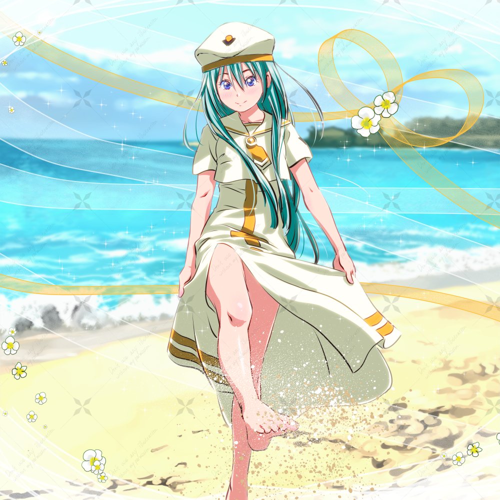 1girl alice_carroll aqua_hair aria_(manga) bare_legs barefoot beach beret blue_eyes blush closed_mouth day dress eyelashes foot_out_of_frame hair_between_eyes hat kicking koorogi_(kijinabe_to_kitsunedon) long_dress long_hair looking_at_viewer necktie ocean orange_planet_uniform outdoors sailor_collar short_sleeves side_slit sidelocks skirt_hold smile solo sparkle standing standing_on_one_leg toes very_long_hair white_dress white_hat white_sailor_collar yellow_necktie