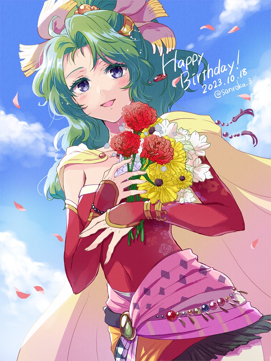 1girl bead_bracelet beads blue_eyes blush bouquet bracelet breasts cape carnation cloud cloudy_sky commentary_request cowboy_shot dated detached_sleeves dress earrings falling_petals final_fantasy final_fantasy_vi floating_earring flower green_hair hair_bobbles hair_ornament hair_ribbon happy_birthday highres holding holding_bouquet jewelry long_hair looking_at_viewer medium_breasts open_mouth outdoors parted_bangs petals pink_ribbon red_carnation red_dress red_flower red_sleeves ribbon sanroku_3 sash short_dress sky smile solo strapless strapless_dress tina_branford tube_dress twitter_username waist_sash wavy_hair white_flower yellow_cape yellow_flower