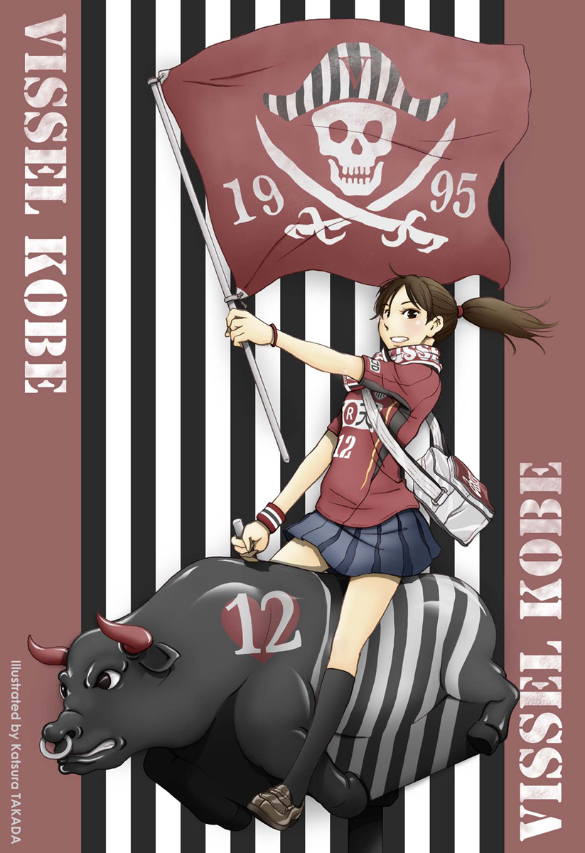 1girl artist_name bag black_eyes black_socks brown_footwear brown_hair bull copyright_name face_piercing flag handbag highres holding holding_flag j._league nose_piercing nose_ring piercing ponytail red_flag riding riding_animal scarf short_sleeves skirt skull_and_crossbones smile socks striped_background takada_katsura vissel_kobe