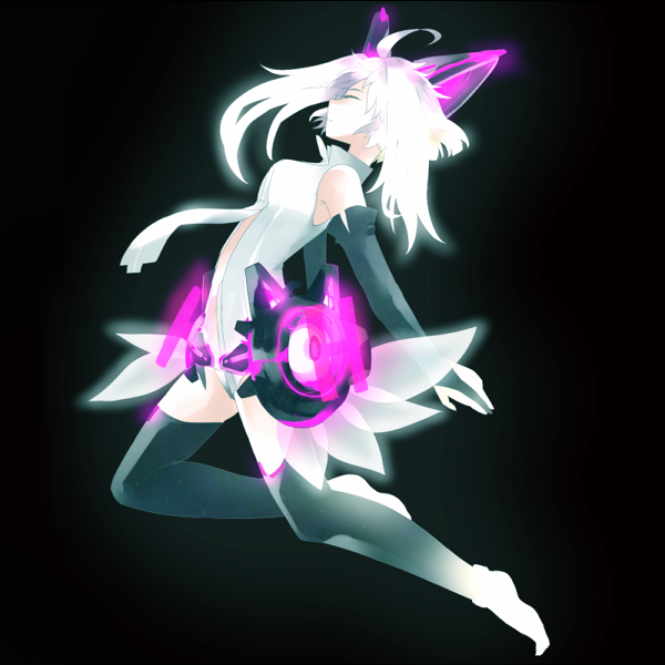 1girl aged_up ahoge animal_ears bad_id bad_pixiv_id barefoot bridal_gauntlets closed_eyes cosplay elbow_gloves female_focus fingerless_gloves full_body gloves gradient_background hatsune_miku hatsune_miku_(append) honitako miku_append_(cosplay) necktie potemayo potemayo_(character) short_hair solo vocaloid vocaloid_append white_hair