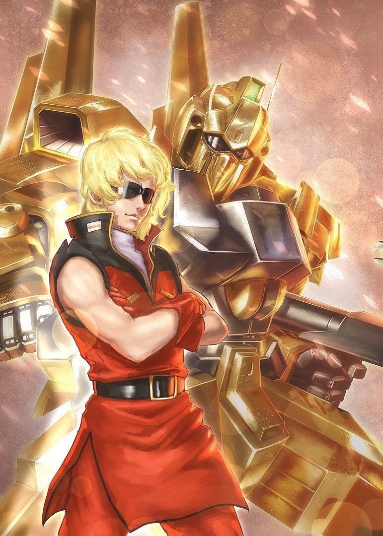 aeug artist_request bare_shoulders beam_rifle belt blonde_hair crossed_arms energy_gun glint glowing gundam hyaku_shiki machinery mecha military_rank_insignia military_uniform mobile_suit mullet official_art promotional_art quattro_bajeena robot science_fiction sunglasses toned upper_body vest weapon zeta_gundam