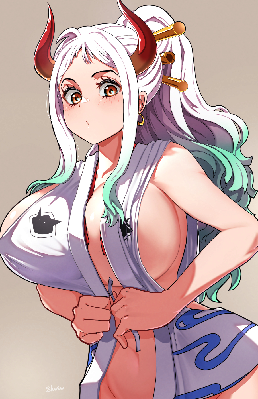 1girl bare_arms bare_shoulders bottomless breasts cleavage curled_horns dressing earrings fujioka_yatsufusa gold_earrings gradient_hair green_hair hakama highres hoop_earrings horns huge_breasts japanese_clothes jewelry kimono long_hair looking_at_breasts multicolored_hair multicolored_horns navel one_piece oni ponytail puckered_lips red_horns rope sideboob sidelocks signature simple_background sleeveless sleeveless_kimono solo upper_body white_hair yamato_(one_piece)