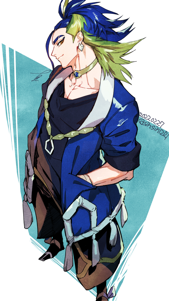 1boy adaman_(pokemon) blonde_hair blue_coat blue_hair closed_mouth coat dated earrings eyebrow_cut green_hair hands_in_pockets jewelry male_focus multicolored_hair neck_ring nintendo open_clothes open_coat orange_eyes pokemon pokemon_legends:_arceus shin_(sinsin12121) signature simple_background solo standing twitter_username two-tone_hair