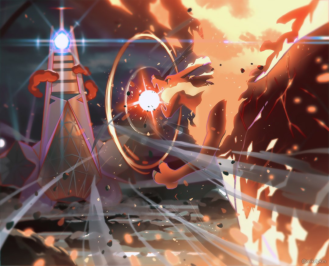 artist_name bent_over blurry charizard claws commentary_request duraludon fang fire from_below gen_1_pokemon gen_8_pokemon gigantamax gigantamax_charizard gigantamax_duraludon korean_commentary light looking_at_another mikripkm nintendo no_humans pokemon pokemon_(creature) rock skin_fang stadium watermark