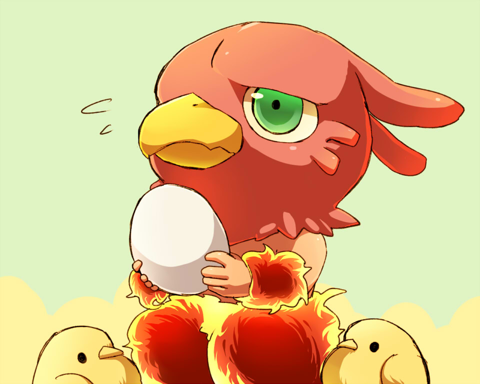 age_regression aged_down animal_focus baby_animal bird chibi chick egg green_eyes jojo_no_kimyou_na_bouken kamiura magician&#039;s_red no_humans stand_(jojo)