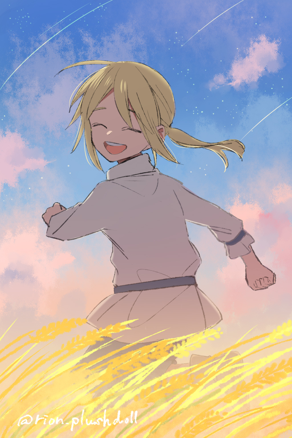 1girl aged_down ahoge artoria_pendragon_(fate) commentary_request duck11_rp fate/stay_night fate_(series) grass highres looking_back open_mouth ponytail saber_(fate) shooting_star smile solo star_(sky) upper_body wheat