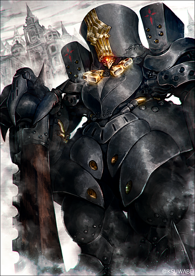 armor charles_babbage_(fate) claws fate/grand_order fate_(series) glowing grey_background grey_theme k-suwabe mecha no_humans outdoors planted robot solo twitter_username weapon