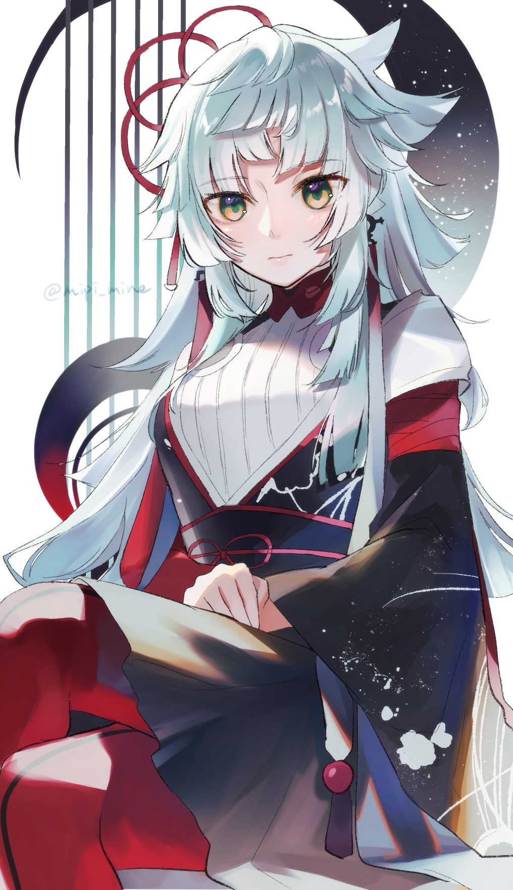 1girl bandaged_arm bandages black_hakama black_sash black_skirt crossed_legs detached_sleeves earrings fate/grand_order fate/samurai_remnant fate_(series) hakama highres japanese_clothes jewelry kishimen_hair long_hair mipi obi pantyhose pleated_skirt print_hakama red_bandage red_pantyhose ribbed_shirt sash shirt single_detached_sleeve sitting skirt solo tassel tassel_earrings white_hair yellow_eyes yui_shousetsu_(fate) yui_shousetsu_(third_ascension)_(fate)