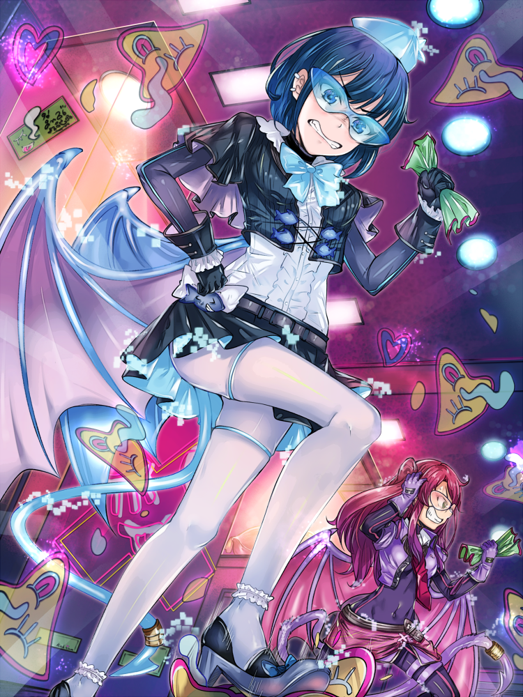 2girls angry blue-tinted_eyewear blue-tinted_glasses blue_hair demon_tail demon_wings ear_piercing gomi53 hat high_heels jewelry kalian ki-sikil_(yu-gi-oh!) lil-la_(yu-gi-oh!) long_hair multiple_girls navel piercing pink-tinted_eyewear pink-tinted_glasses pink_hair red-tinted_eyewear red-tinted_glasses short_hair sunglasses tagme tail tinted_eyewear visor wings yu-gi-oh! yu-gi-oh!_duel_monsters