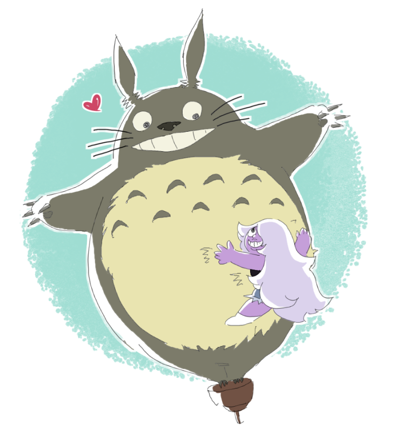 1girl amethyst_(steven_universe) black_shirt colored_skin creature crossover flying heart hug long_hair open_mouth purple_hair purple_skin shirt shorts simple_background smile spinning_top steven_universe tonari_no_totoro totoro toueia5dxal very_long_hair white_background