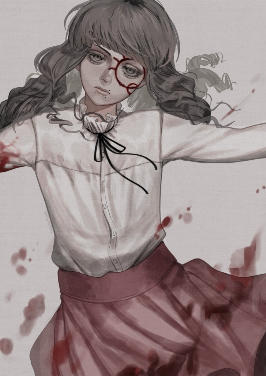 1girl black_ribbon blood blood_on_clothes blunt_bangs brown_eyes brown_hair closed_mouth commentary cowboy_shot facial_tattoo fear_&amp;_hunger fear_&amp;_hunger_2:_termina frilled_shirt_collar frills grey_background head_tilt highres kitty_keihara lips long_hair looking_at_viewer marina_(fear_&amp;_hunger) mouth_piercing neck_ribbon outstretched_arms pink_skirt pleated_skirt ribbon shirt shirt_tucked_in skirt solo spread_arms tattoo white_shirt
