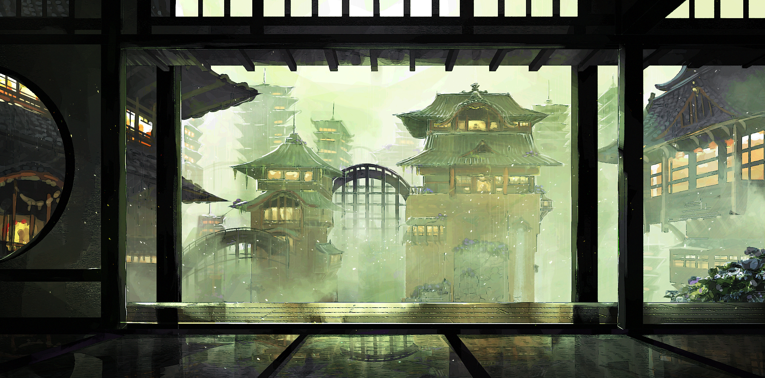 architecture building bush city commentary_request east_asian_architecture flower highres light_particles moon_gate no_humans original outdoors purple_flower scenery shizui_fen