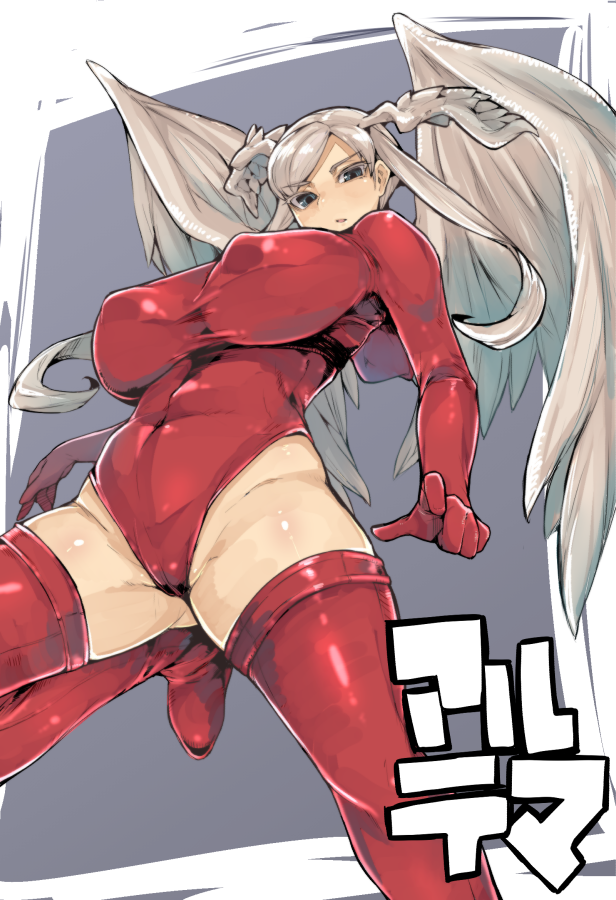 1girl ass boots breasts cameltoe character_name commentary_request covered_erect_nipples covered_navel final_fantasy final_fantasy_tactics grey_eyes head_wings huge_breasts kamaboko_(ossann0125) leotard long_hair looking_at_viewer red_leotard red_thighhighs revision silver_hair solo thigh_boots thighhighs ultima_(fft) wings