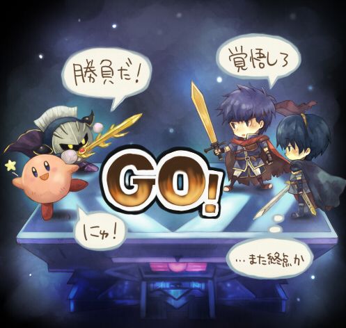 2boys chibi final_destination_(smash_bros) fire_emblem fire_emblem:_mystery_of_the_emblem fire_emblem:_path_of_radiance ike_(fire_emblem) kirby kirby_(series) lowres marth_(fire_emblem) meta_knight multiple_boys nintendo sui_(petit_comet) super_smash_bros. translated truth