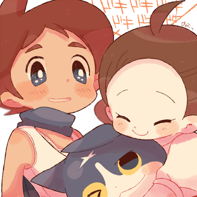 &gt;_o 10s 1boy 1girl ahoge amano_yukiko_(youkai_watch) blue_cape blush brown_hair cape cat chiyoko_(oman1229) closed_eyes fuyunyan keizou one_eye_closed scar smile white_background traditional_youkai youkai_watch youkai_watch_2