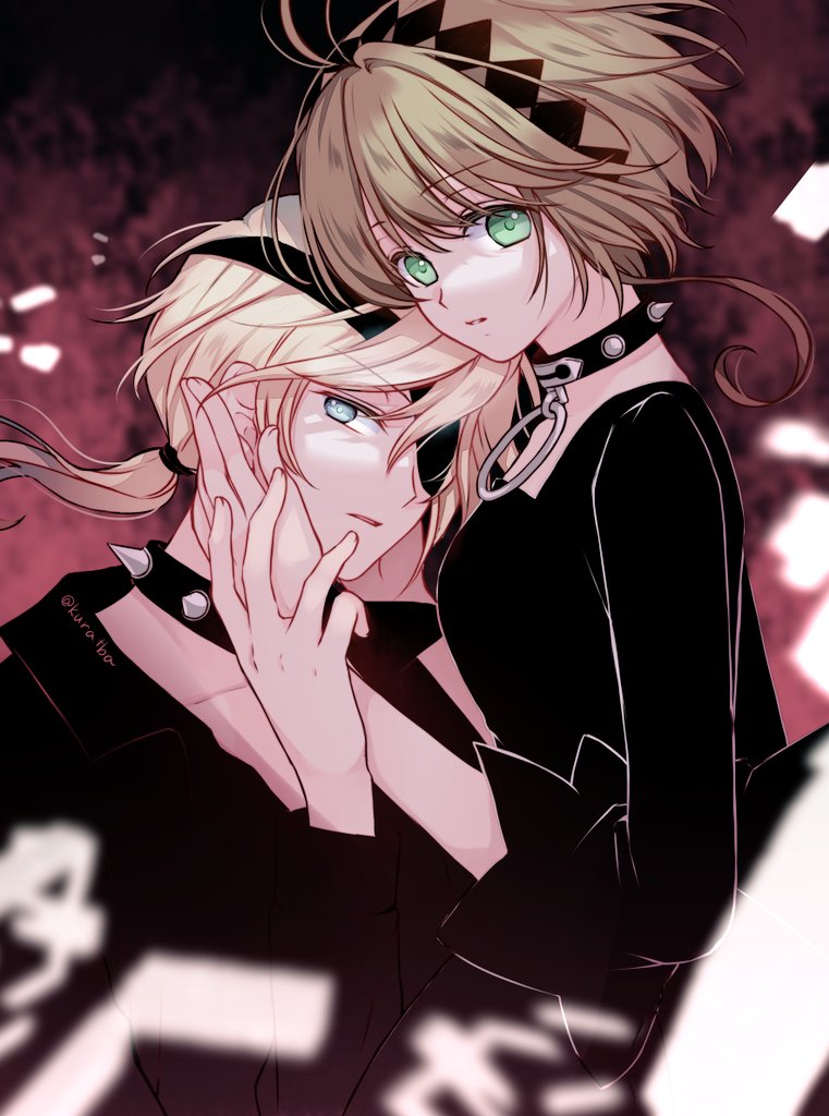1boy 1girl antenna_hair black_collar black_dress black_shirt blonde_hair blue_eyes blurry brown_hair choppy_bangs collar collarbone depth_of_field diamond_hairband dress expressionless eyepatch fai_d._flowright from_side green_eyes hair_between_eyes hand_on_another&#039;s_face hand_on_another&#039;s_hand kurabayashi long_hair long_sleeves looking_at_viewer looking_to_the_side low_ponytail o-ring_collar parted_lips ponytail red_background sakura_hime shirt short_hair sidelocks spiked_collar spikes three-quarter_sleeves tsubasa_chronicle upper_body