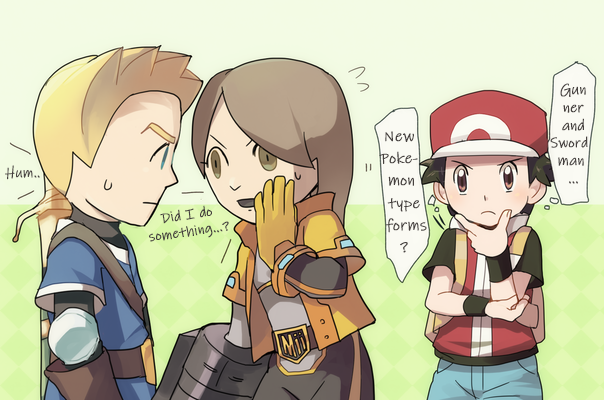 1girl 2boys backpack bag baseball_cap belt black_hair blonde_hair blue_eyes blush brown_eyes brown_hair closed_mouth english_text eye_contact flying_sweatdrops gloves hat jacket long_hair looking_at_another mii_(nintendo) mii_gunner mii_gunner_(smash_ultimate) mii_swordfighter mii_swordfighter_(smash_ultimate) multiple_boys nintendo onomicha open_mouth pants pokemon pokemon_frlg red_(pokemon) shirt short_hair short_sleeves shorts smile speech_bubble super_smash_bros. sweatdrop sword thinking weapon whispering wristband