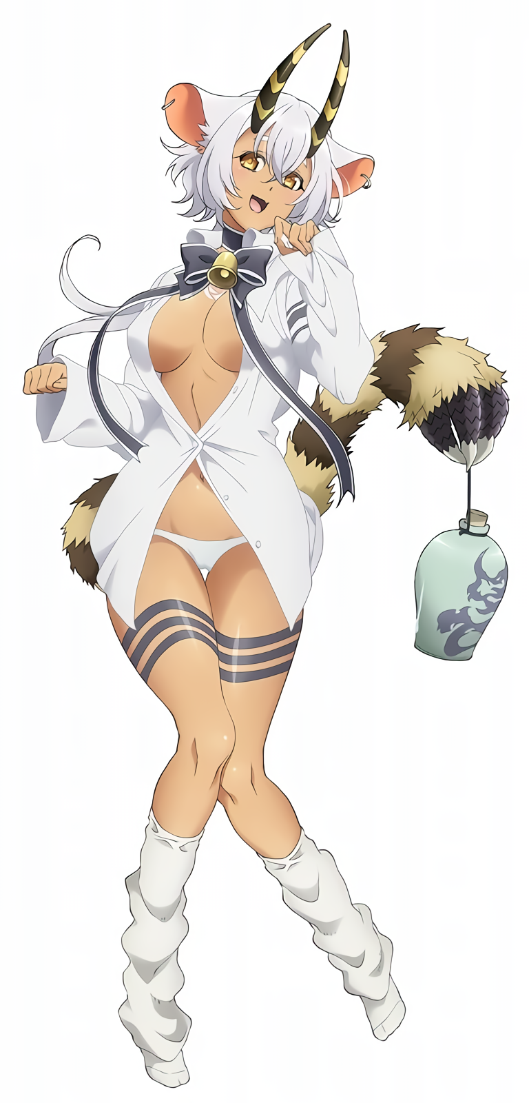 1girl animal_ears bell belphegor_(sin_nanatsu_no_taizai) belphegor_(the_seven_deadly_sins) breasts demon_girl fang food highres horns indian_style large_breasts loose_socks navel nearly_naked_shirt nishii_(damnedrive) no_pants official_art one_eye_closed open_clothes open_mouth open_shirt orange_eyes panties shirt sin_nanatsu_no_taizai sitting socks solo tail the_seven_deadly_sins underboob underwear weapon white_hair wince wink yawning