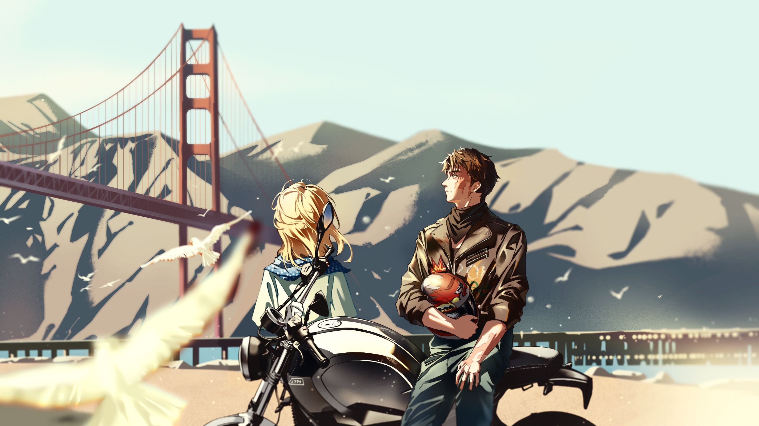 1boy 1girl bird black_hair black_jacket black_neckerchief blonde_hair blue_pants bridge brother_and_sister burn_scar cowboy_shot facing_away golden_gate_bridge helmet highres holding_unworn_helmet j_(reverse:1999) jacket leaning_against_motorcycle looking_to_the_side luojia_ying motor_vehicle motorcycle motorcycle_helmet mountain neckerchief outdoors pants paulina_(reverse:1999) polka_dot_neckerchief profile reverse:1999 san_francisco scar scar_on_arm scar_on_face shirt short_hair siblings sky step-siblings suspension_bridge too_many too_many_birds turning_head white_bird white_shirt white_sky