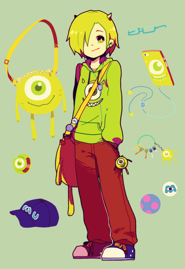 1boy green_eyes green_hair hair_over_one_eye hat horns humanization long_sleeves mike_wazowski mino_(mino_cat) monsters_inc. monsters_university personification sharp_teeth shirt short_hair smile solo teeth