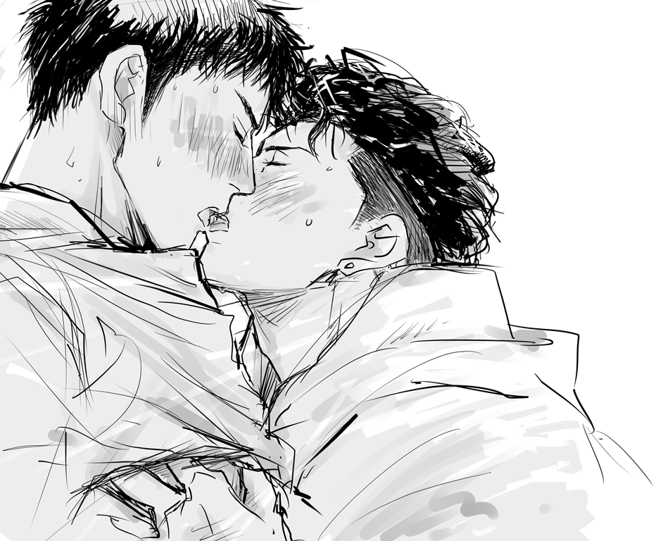 2boys blush closed_eyes clothes_lift commentary_request earrings french_kiss from_side greyscale hand_on_another&#039;s_chest hood hood_down hoodie jewelry kiss male_focus mitsui_hisashi miyagi_ryouta monochrome multiple_boys piercing profile shirt shirt_lift short_hair sideburns simple_background sketch slam_dunk_(series) stud_earrings sweat tongue tongue_out undercut upper_body white_background yao0597 yaoi