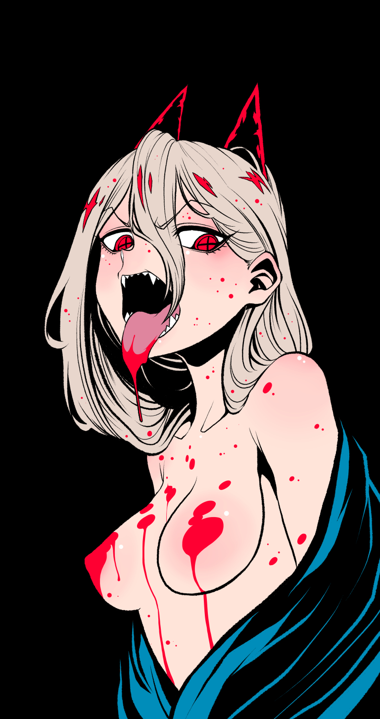 1girl black_background blonde_hair blood blood_on_breasts blood_on_face breasts chainsaw_man covered_erect_nipples cross-shaped_pupils demon_girl demon_horns hair_between_eyes highres horns long_bangs long_hair medium_breasts off_shoulder ononaka_akihiro open_mouth power_(chainsaw_man) red_eyes sharp_teeth simple_background solo symbol-shaped_pupils teeth tongue tongue_out