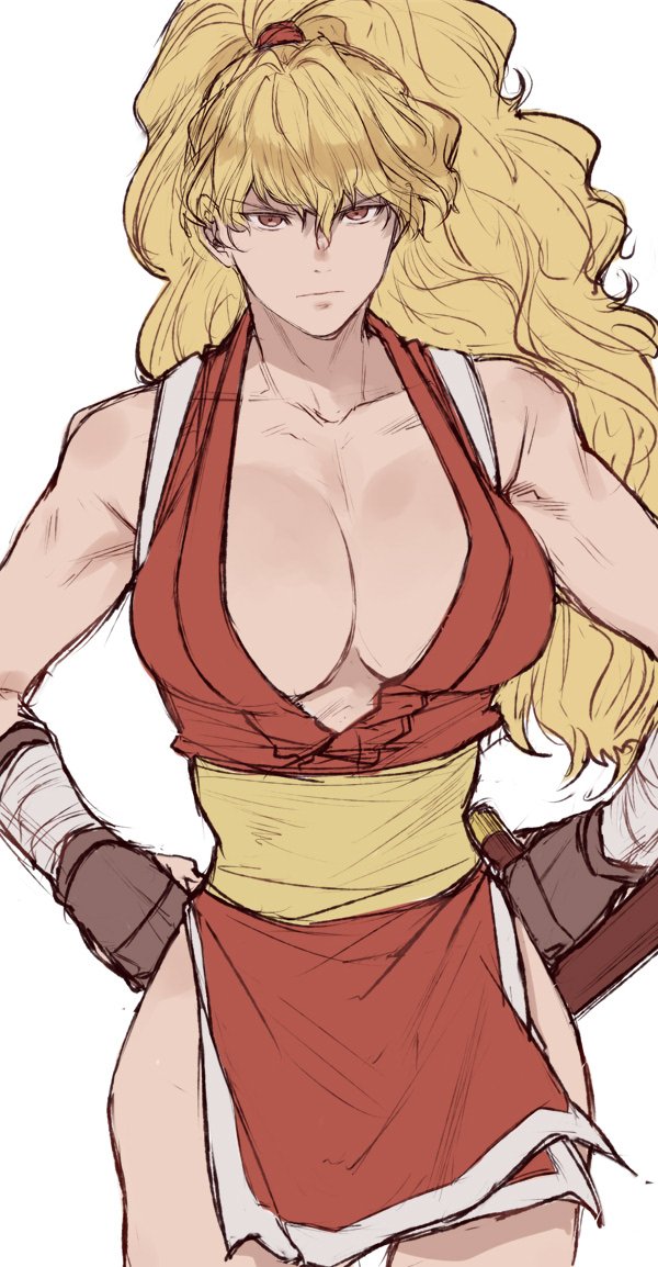 blonde_hair breasts brown_eyes dougi final_fight_2 genryuusai_maki gloves hands_on_own_hips high_ponytail large_breasts muscular no_bra ponytail serious simple_background tonfa wavy_hair weapon white_background yasunososaku