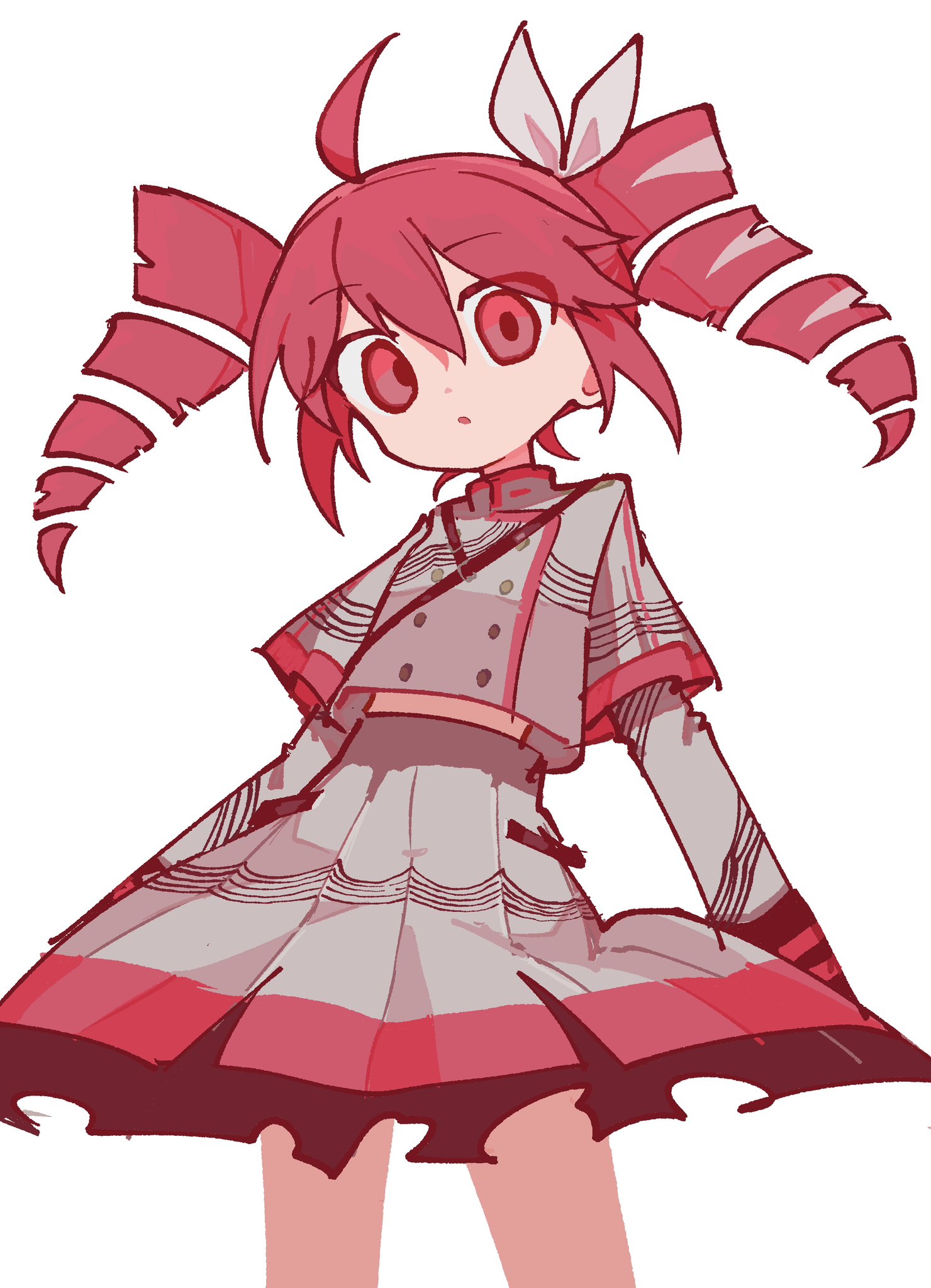 1girl ahoge drill_hair highres kasane_teto long_sleeves looking_at_viewer odayaka open_mouth pink_hair red_eyes red_hair shirt simple_background skirt solo twin_drills twintails utau