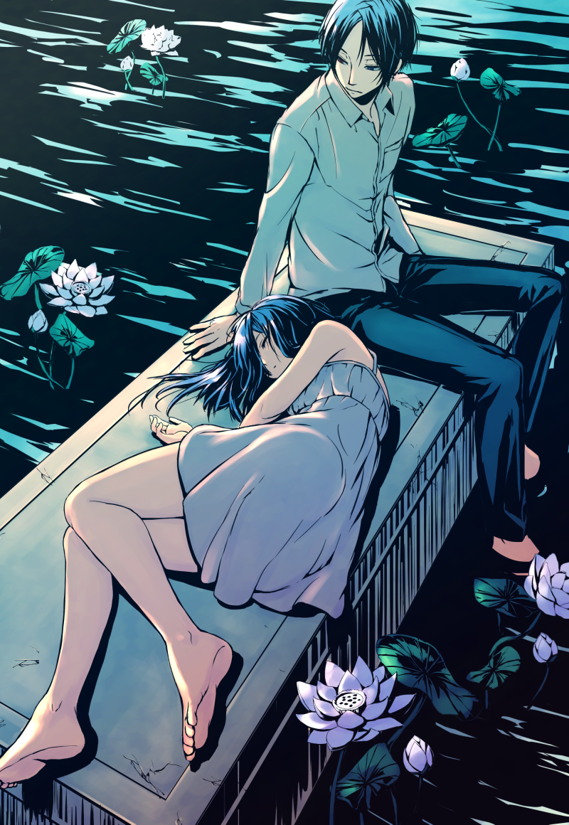 1boy 1girl blue_hair chrome_dokuro closed_mouth commentary_request dress feet flower katekyo_hitman_reborn! kpastelblue long_hair rokudou_mukuro water