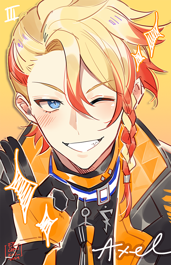 axel_syrios black_gloves blonde_hair blue_eyes braid character_name coll_(erichankun) collar eyelashes gloves grin hair_between_eyes holostars holostars_english jacket long_sleeves looking_at_viewer male_focus multicolored_hair one_eye_closed orange_collar red_hair short_hair side_braid smile sparkle streaked_hair teeth two-tone_hair virtual_youtuber yellow_background