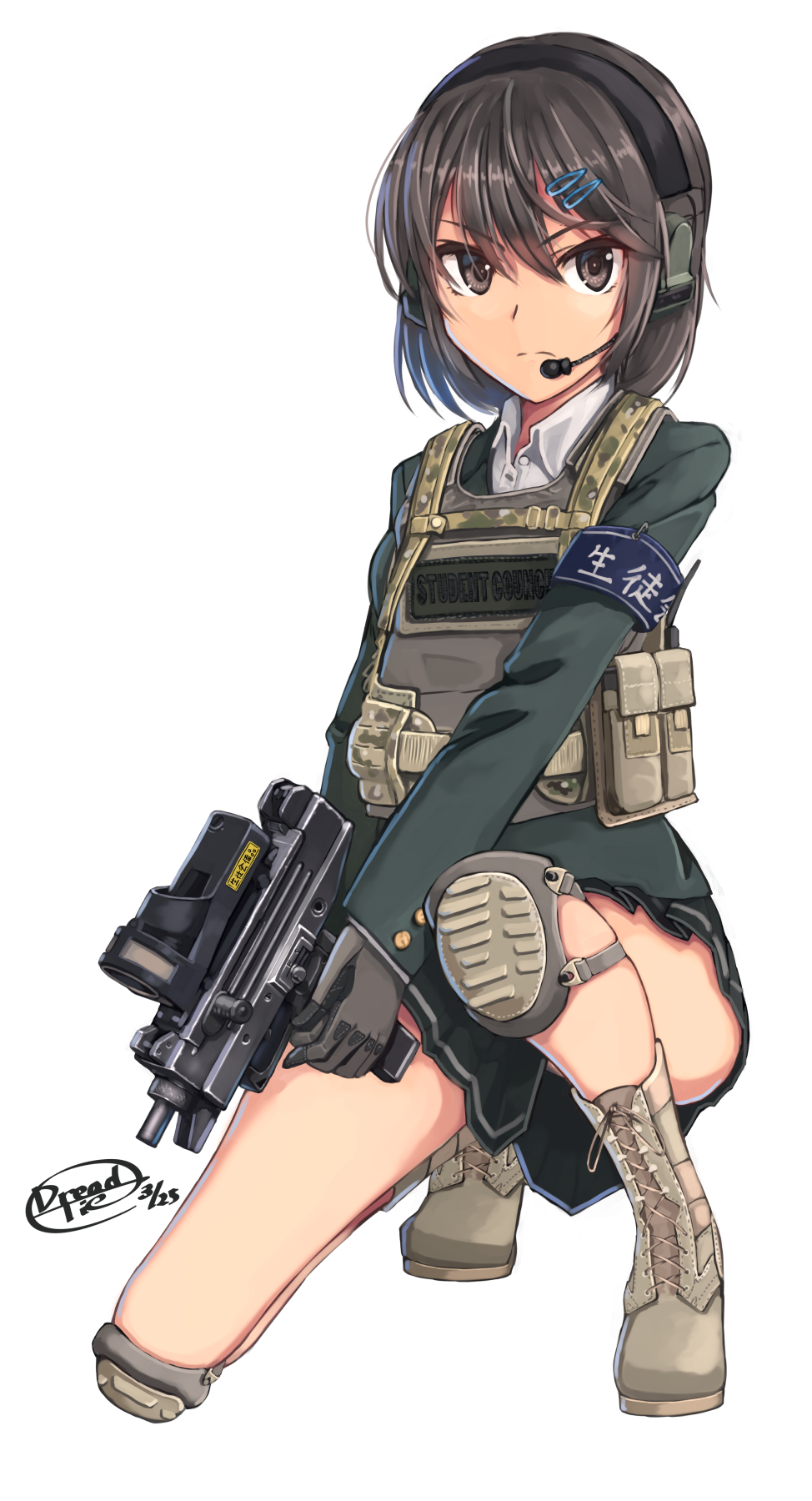 1girl armband bad_id bad_pixiv_id boots brown_boots brown_eyes brown_hair buttoned_cuffs buttons dreadtie female_focus gloves gun hair_ornament hairclip headset highres holding holding_gun holding_weapon knee_pads kneeling load_bearing_vest machine_pistol miniskirt on_one_knee original pleated_skirt serious simple_background skirt solo student_council submachine_gun uniform uzi vest weapon white_background