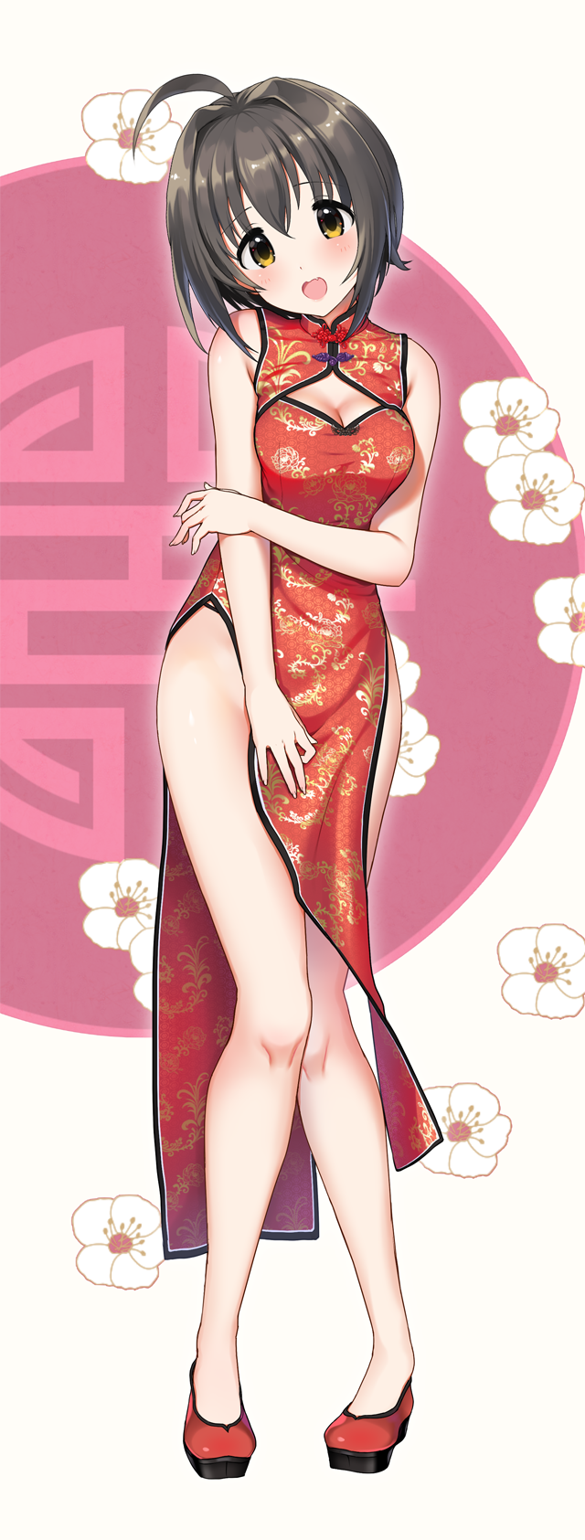 1girl ahoge bare_shoulders black_hair blush breasts brown_eyes china_dress chinese_clothes cleavage cleavage_cutout clothing_cutout dot_nose dress flats flower full_body highres idolmaster idolmaster_cinderella_girls idolmaster_cinderella_girls_starlight_stage knees_together_feet_apart kohinata_miho looking_at_viewer medium_breasts natsuya_(natuya777) open_mouth pelvic_curtain pigeon-toed pink_background plum_blossoms print_dress red_dress short_hair side_slit sleeveless sleeveless_dress smile solo two-tone_background white_background