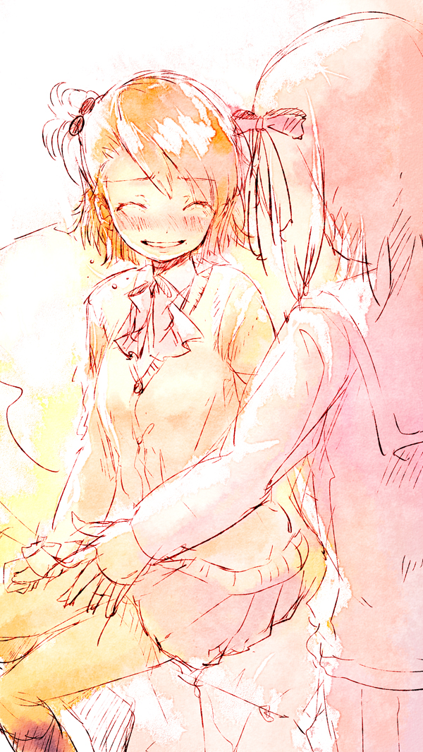 2girls ^_^ amami_haruka black_socks blush bow bowtie brown_hair closed_eyes collared_shirt commentary_request dot_nose eyelashes feet_out_of_frame from_behind futami_ami grin hair_bobbles hair_ornament hand_on_own_thigh happy idolmaster idolmaster_(classic) jacket kneehighs limited_palette lips long_sleeves medium_hair miniskirt multiple_girls on_bed one_side_up pillow pink_bow pink_bowtie pink_lips pink_sailor_collar pink_shirt pink_skirt pleated_skirt sailor_collar school_uniform serafuku shirt sitting skirt skirt_set smile socks standing sweater_jacket swept_bangs white_shirt yae_(mono110) yellow_jacket yuri