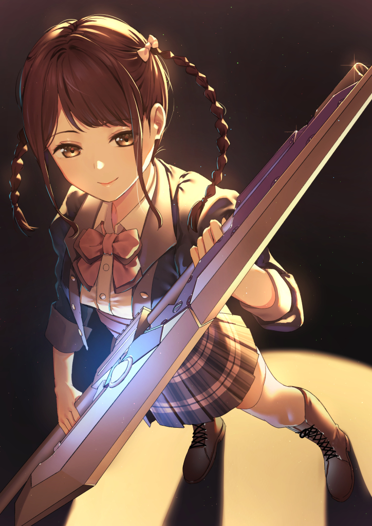 1girl animification assault_lily backlighting black_background black_boots black_jacket boots bow bowtie braid brown_eyes brown_hair buttons closed_mouth collared_shirt cosplay from_above full_body glint gradient_background hair_bow hand_up holding holding_weapon jacket juliet_sleeves kishimoto_lucia_raimu kishimoto_lucia_raimu_(cosplay) knee_boots lace-up light_particles long_sleeves looking_at_viewer looking_up ludvico_private_girls&#039;_academy_school_uniform medium_hair miniskirt miyase_reina nagareboshi open_clothes open_jacket pink_bow pink_bowtie pink_skirt plaid_clothes plaid_skirt pleated_skirt puffy_sleeves real_life school_uniform shadow shirt sidelocks skirt solo spotlight standing swept_bangs thighhighs twin_braids twintails two-handed underbust voice_actor voice_actor_connection weapon white_bow white_shirt white_thighhighs