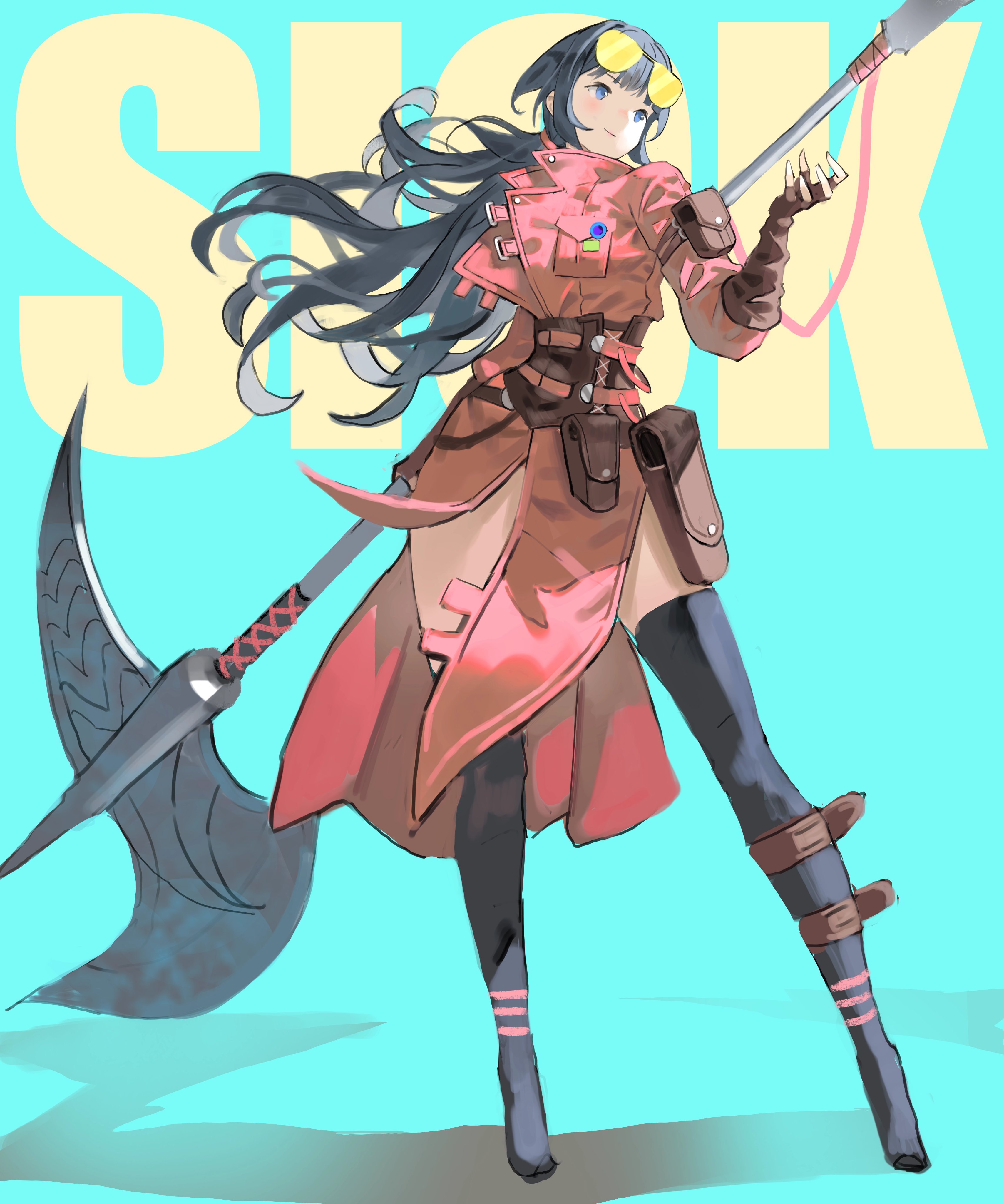 1girl absurdres aqua_background arowana2111 black_hair blue_eyes coat eyewear_on_head fingerless_gloves girdle gloves halberd highres holding holding_polearm holding_weapon holster huge_weapon light_smile long_hair original polearm red_coat standing thigh_holster weapon yellow-framed_eyewear