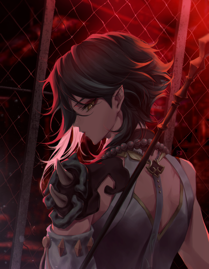 1boy ahoge arm_guards arm_tattoo armor asymmetrical_clothes back bead_necklace beads black_hair chinese_commentary commentary_request detached_sleeves diamond-shaped_pupils diamond_(shape) eyeshadow facial_mark forehead_mark genshin_impact green_hair jewelry kuko_(geeeee_ss) looking_back makeup male_focus multicolored_hair necklace parted_bangs pendant red_eyeshadow short_hair short_hair_with_long_locks shoulder_armor shoulder_pads shoulder_spikes sidelocks single_bare_shoulder single_detached_sleeve slit_pupils solo spikes symbol-shaped_pupils tassel tattoo toned toned_male two-tone_hair wide_sleeves xiao_(genshin_impact) yellow_eyes
